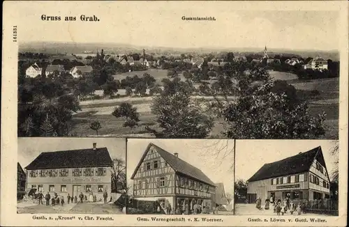 Ak Grab Großerlach in Württemberg, Gasthaus zur Krone, Geschäftshaus, Gasthaus zum Löwen, Panorama