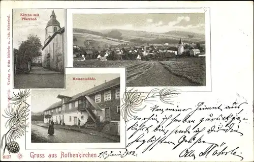 Ak Rothenkirchen Pressig in Oberfranken, Kirche, Pfarrhof, Hessenmühle, Panorama