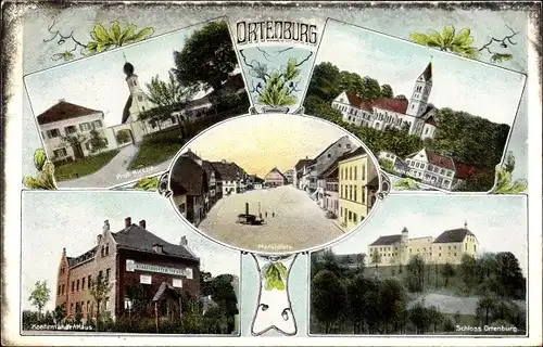 Ak Ortenburg Niederbayern, Prot. Kirche, Kath. Kirche, Marktplatz, Schloss Ortenburg