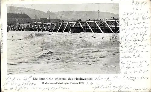 Ak Passau in Niederbayern, Hochwasser 1899, Innbrücke