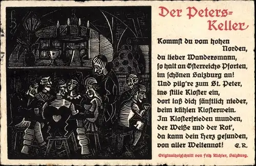 Künstler Ak Richter, Fritz, Salzburg in Österreich, Kloster St. Peter, Peterskeller, Wein, Gedicht