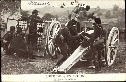 Ak Piece de 75 en Action, französische Soldaten mit Geschütz, I WK