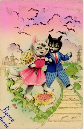 Ak Zwei Katzen gehen durch einen Park, Liebespaar, Vermenschlichte Tiere