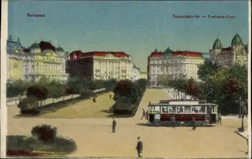 Ak Budapest Ungarn, Szabadség tér, Freiheitsplatz, Straßenbahn