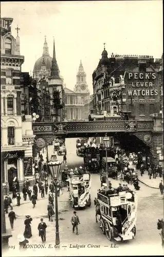 Ak London City England, Ludgate Circus, Kutschenbus, Peck's Lever Watches