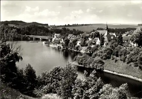 Ak Saalburg in Thüringen, Blick auf den Ort, Stausee, Brücke