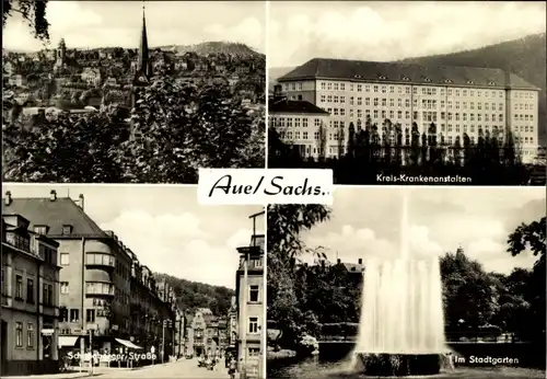 Ak Aue im Erzgebirge Sachsen, Teilansicht, Kreis Krankenanstalten, Stadtgarten, Fontäne