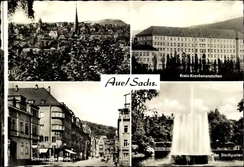 Ak Aue im Erzgebirge Sachsen, Teilansicht, Kreis Krankenanstalten, Stadtgarten, Fontäne