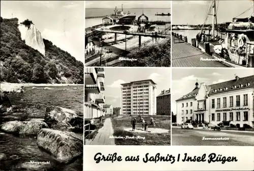 Ak Sassnitz auf Rügen, Fährhafen, Fischereihafen, Königsstuhl, Wilhelm-Pieck-Ring, Seemannsheim