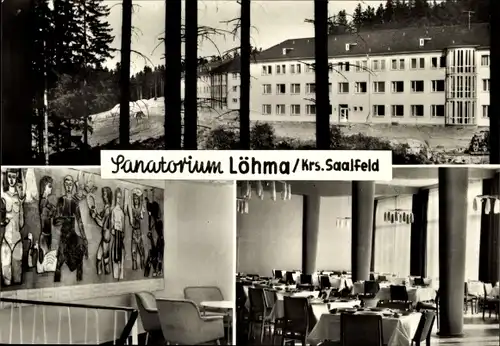 Ak Löhma Leutenberg Thüringen, Sanatorium, Außenansicht, Wandbild, Speisesaal