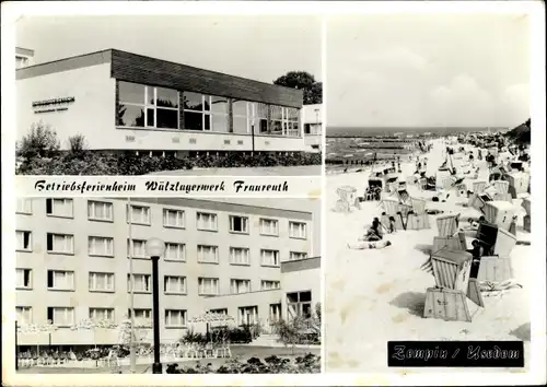 Ak Ostseebad Zempin auf Usedom, Betriebsferienheim Wälzlagerwerk Fraureuth, Strand, Strandkörbe