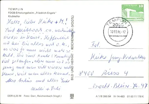 Ak Templin in der Uckermark, FDGB Erholungsheim Friedrich Engels, Klubkeller