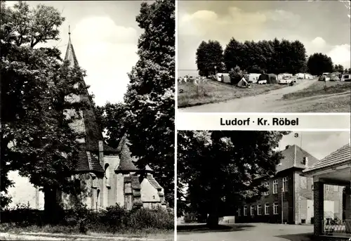 Ak Ludorf an der Müritz Mecklenburg, Dorfkirche, Zeltplatz, Rat der Gemeinde, Gaststätte