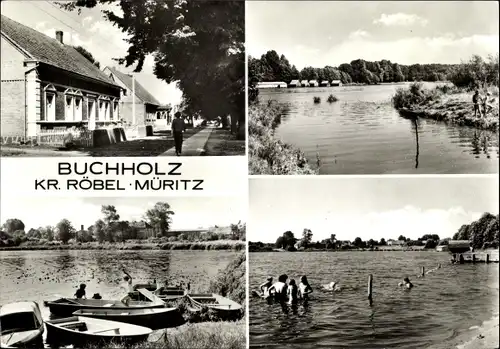 Ak Buchholz Röbel an der Müritz, Teilansichten, Straßenpartie, Badestelle