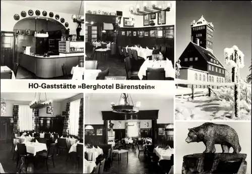 Ak Bärenstein im Erzgebirge, HO-Gaststätte Berghotel Bärenstein, Speiseraum, Winter, Bär