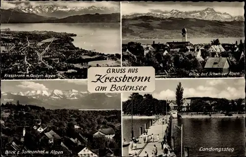 Ak Kressbronn am Bodensee, Landungssteg, Blick auf Schweizer Alpen, Blick z. Sonnenhof