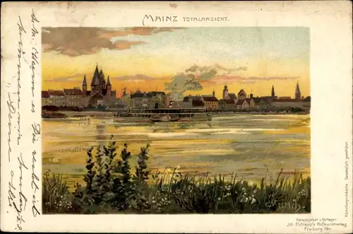 Litho Mainz in Rheinland Pfalz, Totalansicht der Stadt bei Sonnenuntergang, Rheindampfer