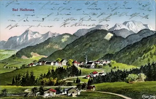 Künstler Ak Felle Eugen, Bad Heilbrunn in Oberbayern, Panorama vom Ort, Berge