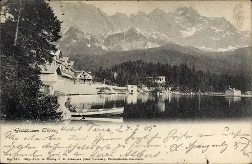 Ak Grainau in Oberbayern, Eibsee, Boot, Berge