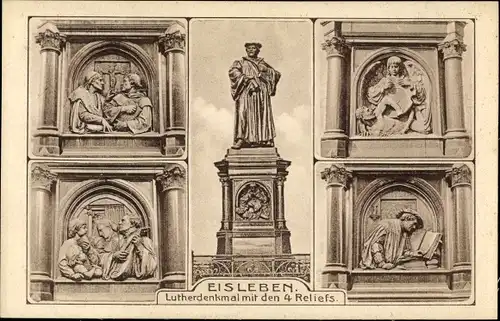 Ak Lutherstadt Eisleben, Lutherdenkmal mit den 4 Reliefs