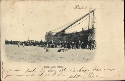 Ak Berck Plage Pas de Calais, Tirage d'un bateau