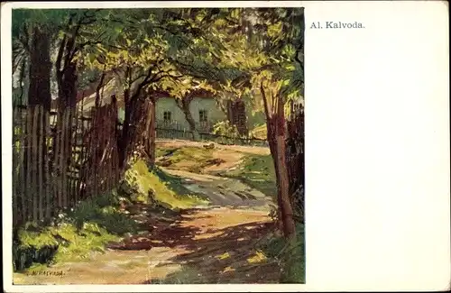 Künstler Ak Kalvoda, A., Dorfpartie, Straße, Wohnhaus, Bäume