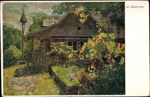 Künstler Ak Kalvoda, A., Wohnhaus, Gartenpartie