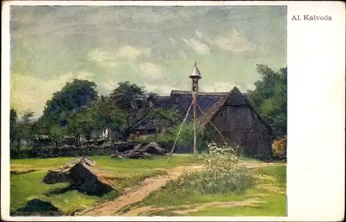 Künstler Ak Kalvoda, A., Dorfpartie, Wohnhaus, Wiese, Bäume
