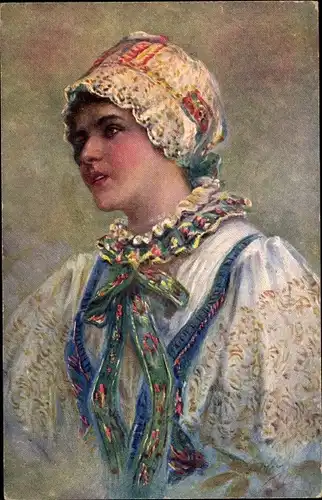 Künstler Ak Tschechisch-slowakische Tracht, Portrait einer Frau