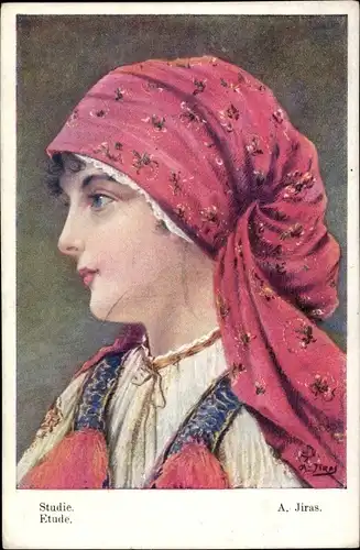 Künstler Ak Jiras, A., Portrait einer Frau mit rotem Kopftuch, Tracht