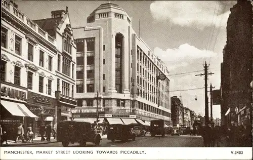 Ak Manchester England, Market Street Looking Towards Piccadilly