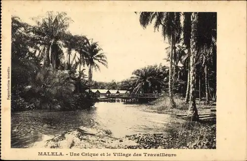 Ak Malela RD Kongo Zaire, A Creek und das Arbeiterdorf