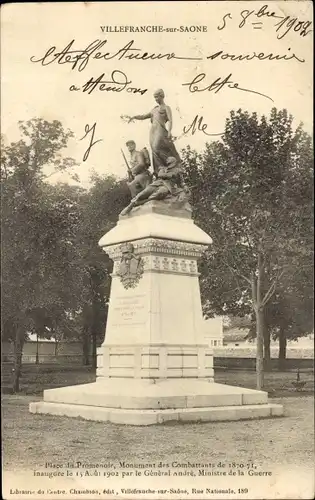 Ak Villefranche sur Saône Rhône, Place du Promenoir, Denkmal für die Kombattanten von 1870-1871