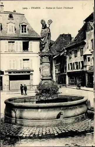 Ak Thann Elsass Haut Rhin, Statue des Heiligen Thiébault, Bank