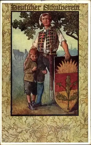 Künstler Ak Mann in Tracht mit Sohn, Schwert, Wappen