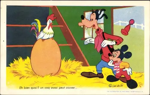 Künstler Ak Walt Disney, Comic, Mickey Maus, Goofy, Huhn auf einem großen Ei