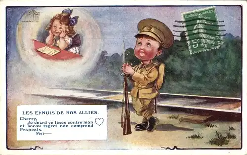 Künstler Ak Britischer Soldat denkt an eine Mädchen, Bajonett