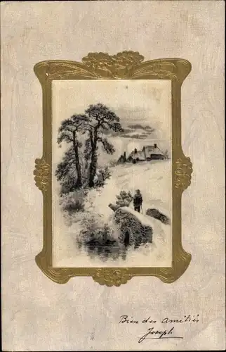 Präge Litho Landschaft im Mondschein, Häuser, Wanderer auf einer Brücke