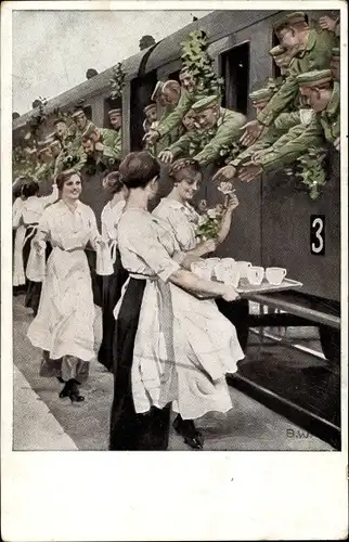 Künstler Ak Wennerberg, B., Erfrischungsstation, Soldaten bekommen Getränke, Zug, Frauen