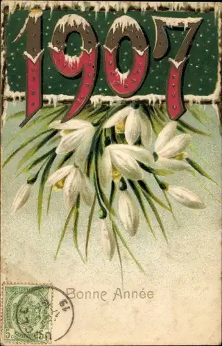 Präge Litho Glückwunsch Neujahr, Jahreszahl 1907, Schneeglöckchen