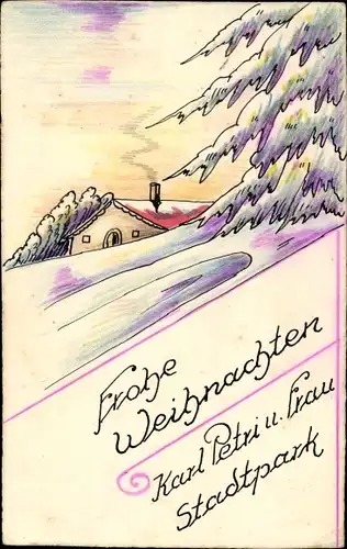 Handgemalt Ak Glückwunsch Weihnachten, Winterlandschaft mit Haus, Karl Petri, Stadtpark