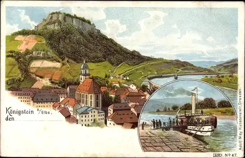 Litho Königstein an der Elbe Sächsische Schweiz, Festung, Ort, Dampfer am Anleger