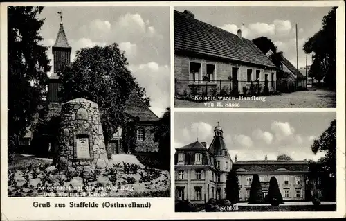 Ak Staffelde Kremmen im Havelland, Kriegerdenkmal, Kirche, Geschäftshaus H. Sasse, Schloss