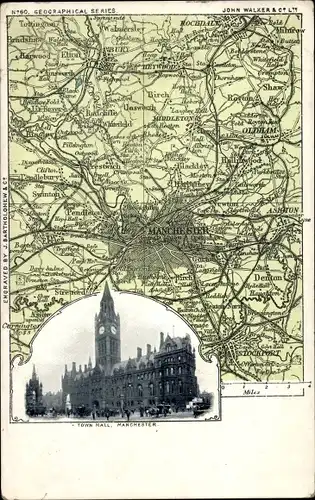 Landkarten Ak Manchester England, Rathaus, Stadt mit Umgebung