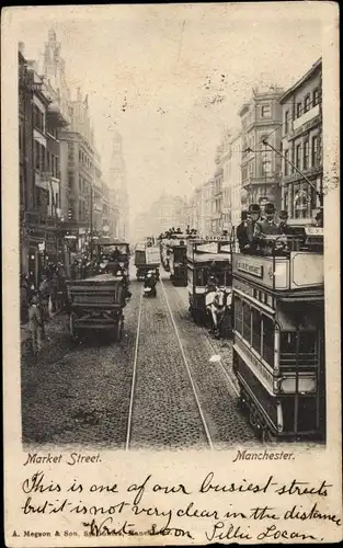 Ak Manchester England, Verkehr in der Marktstraße, Straßenbahnen