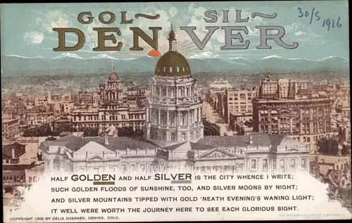 Ak Denver, Colorado, USA, halb golden und halb silbern ist die Stadt