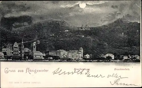 Mondschein Ak Königswinter am Rhein, Drachenfels, Drachenburg, Panorama
