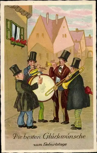 Ak Glückwunsch Geburtstag, Trompete, dicke Musiker mit Zylinder