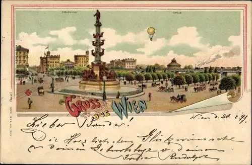 Litho Wien 2 Leopoldstadt, Praterstern, Nordbahnhof, Tegetthoffdenkmal, Nordbahnstraße