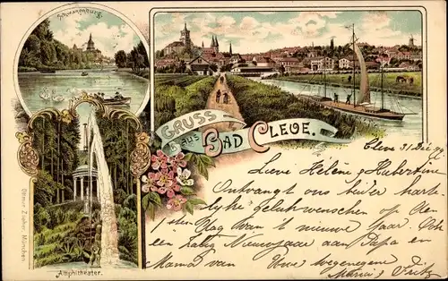 Litho Bad Cleve Kleve am Niederrhein, Schwanenburg, Panorama, Amphitheater